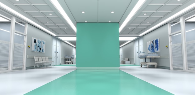 3D rendering of a hospital interior with lots of copy space