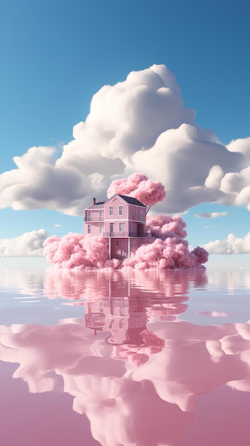 3d rendering of a house floating on a pink lake