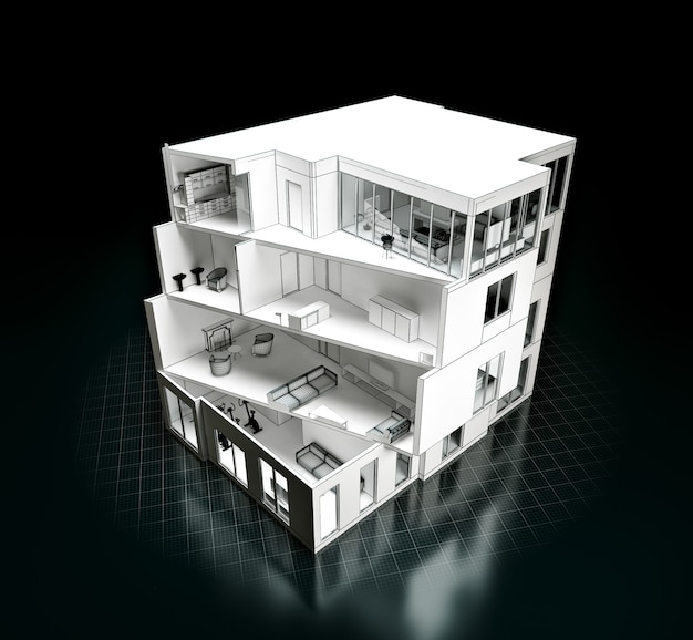 3D rendering of a house project. Model in a cut. architecture