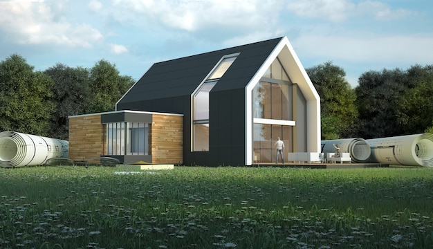 3D rendering  of a house with blueprints in a field