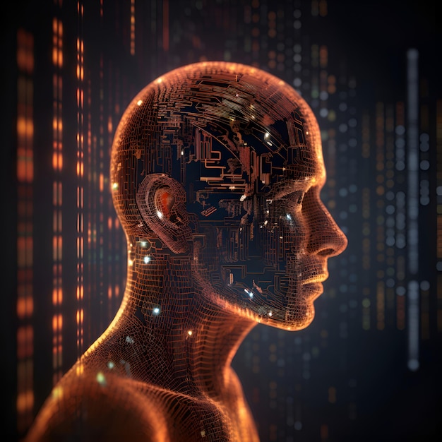 3d rendering of a human head with binary code and circuit background