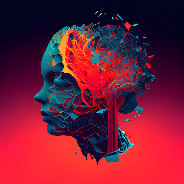 3D rendering of a human head with a brain design in red and blue