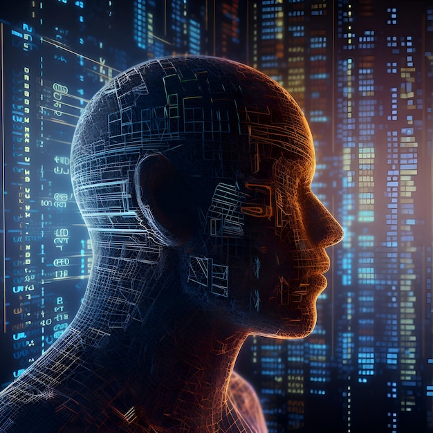 3d rendering of human head with circuit board and binary code background