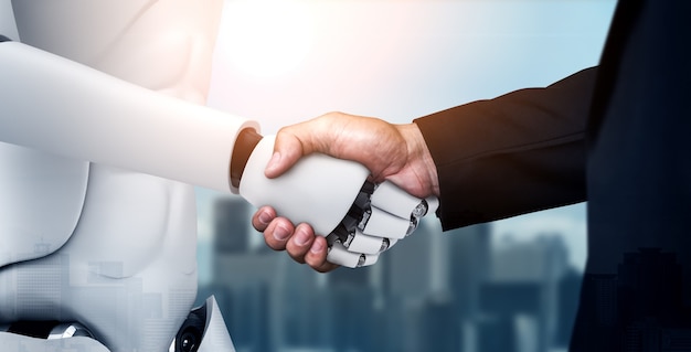 3D rendering humanoid robot handshake to collaborate future technology