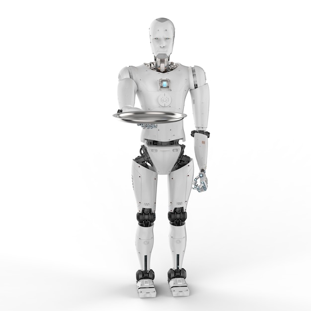 Photo 3d rendering humanoid robot holding serving tray