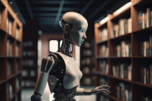 3d rendering humanoid robot in library with bookshelves on background Futuristic AI robot reading books in a library AI Generated