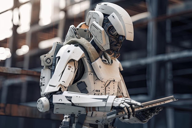 3D rendering humanoid robot in the modern building Futuristic technology concept A Futuristic robot architect working on a construct AI Generated