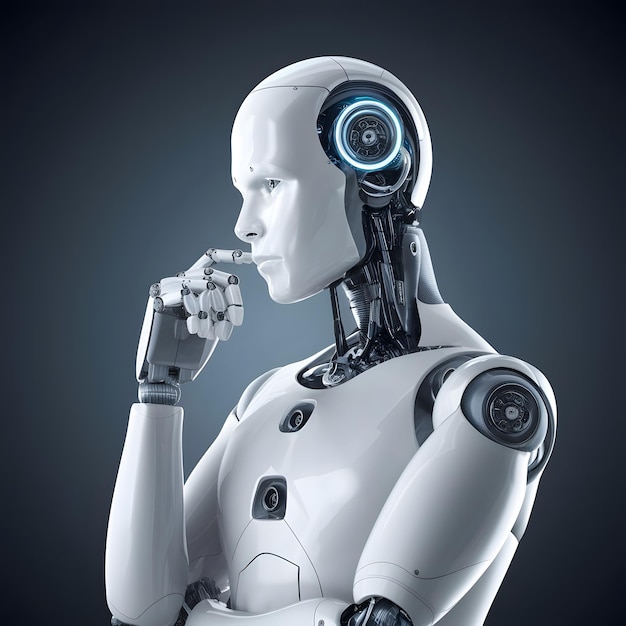 3d rendering humanoid robot thinking on white background