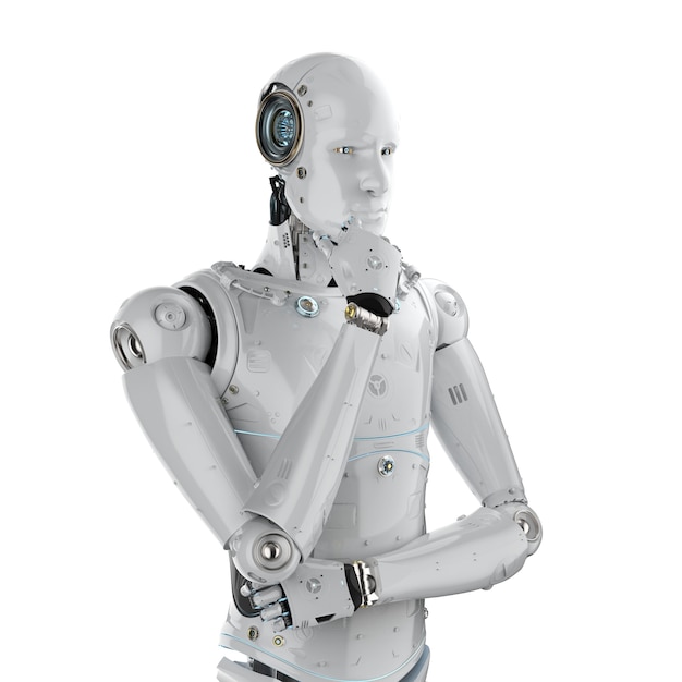 3d rendering humanoid robot thinking on white background