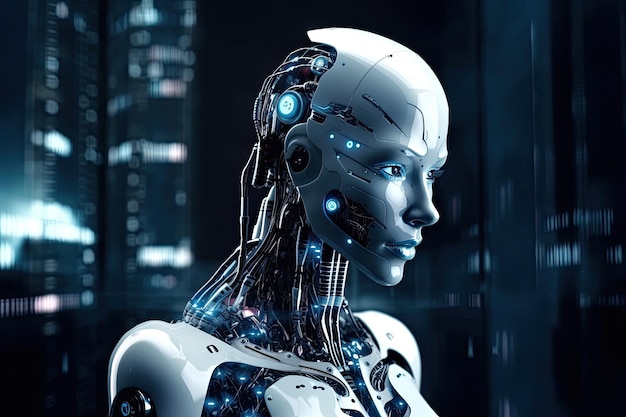 3d rendering humanoid robot with circuit board in the dark blue background artificial intelligence taking over the world AI Generated