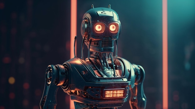 3d rendering humanoid robot with glowing red light on dark background generative ai