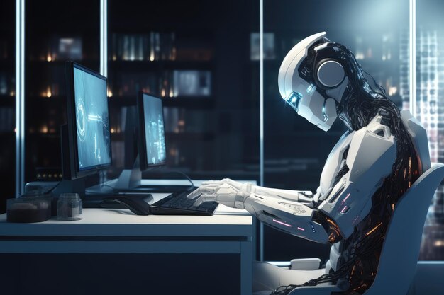 3d rendering humanoid robot working on computer in dark office at night 3D rendering of a humanoid robot engaged in computer work within a dark office room AI Generated