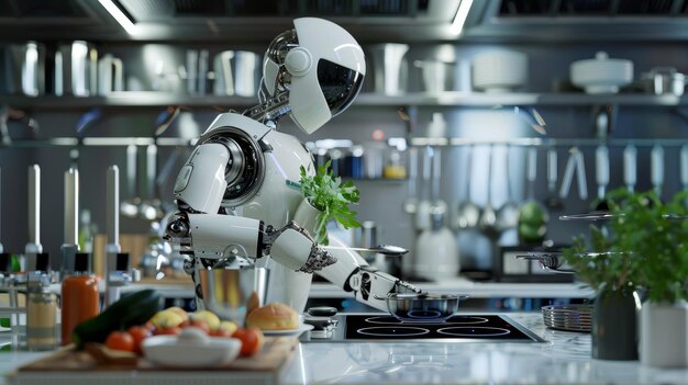 3d rendering humanoid robot working in the kitchen at home with vegetables