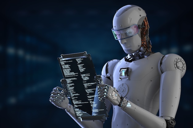 3d rendering humanoid robot working with digital tablet