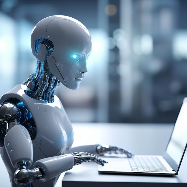 3d rendering humanoid robot working with laptop on desk in modern office