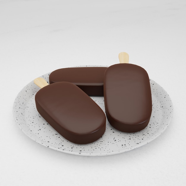 3D rendering ice cream stick covered with dark chocolate on terrazzo dish