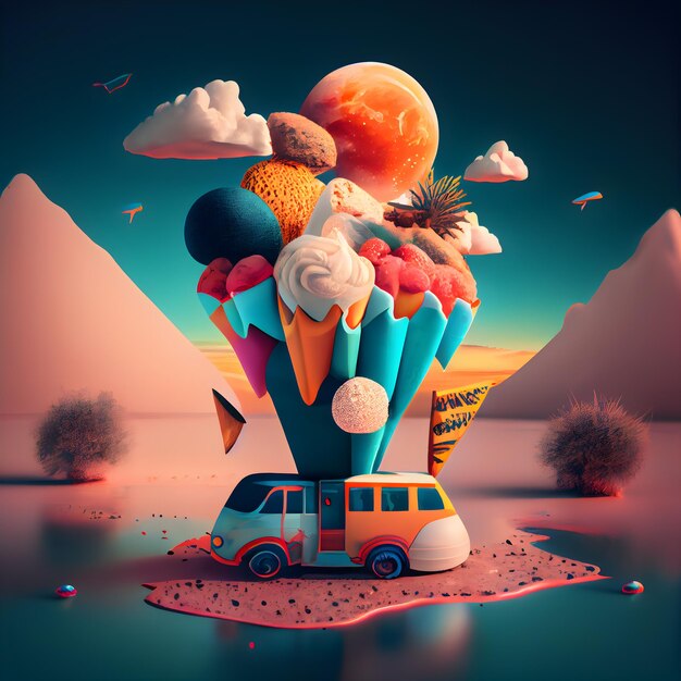 Photo 3d rendering of an ice cream with a van in the desert