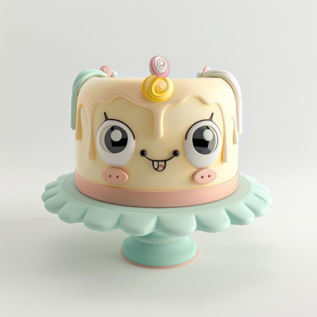 3d rendering icon of a cute cake character with a face