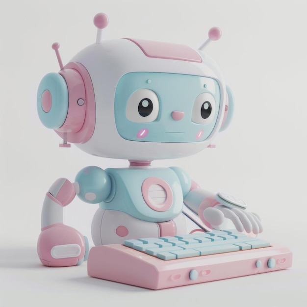 3d rendering icon of a cute robot character using a computer on a white background