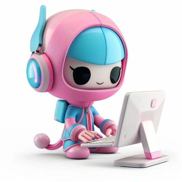 3d rendering icon of a cute robot character using a computer on a white background