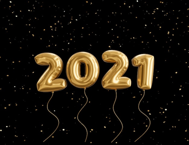 3d rendering illustration of 2021 happy new year, gold metallic text, festive poster or banner design.