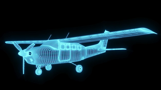 3D rendering illustration aeroplane blueprint glowing neon hologram futuristic show technology secur