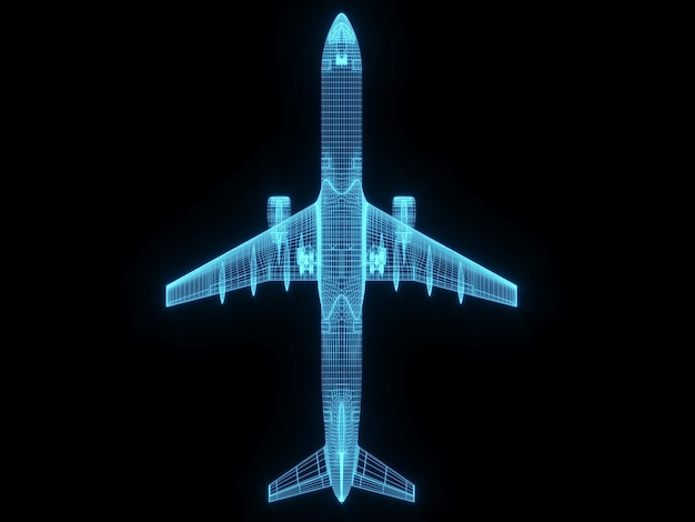 3D rendering illustration aeroplane blueprint glowing neon hologram futuristic show technology