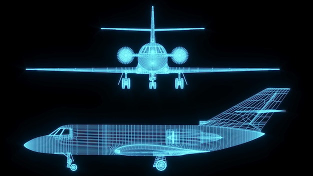 3D rendering illustration aeroplane blueprint glowing neon hologram futuristic show technology