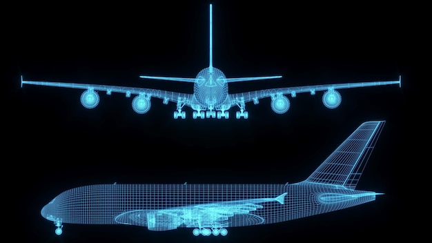 3D rendering illustration aeroplane blueprint glowing neon hologram futuristic show technology