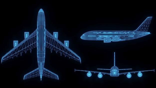 3D rendering illustration aeroplane blueprint glowing neon hologram futuristic show technology