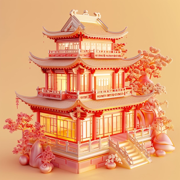 3D rendering illustration of ancient Chinese architecture Chinese style loft elements made of glass