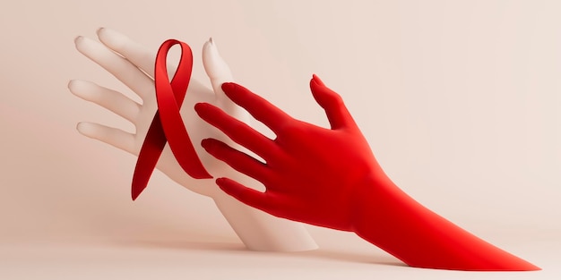 3d rendering illustration banner cartoon woman hands holding red ribbon isolated on pastel background with copy space World AIDS day with hiv awareness concept