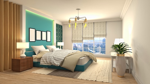 3D rendering illustration of a bedroom interior