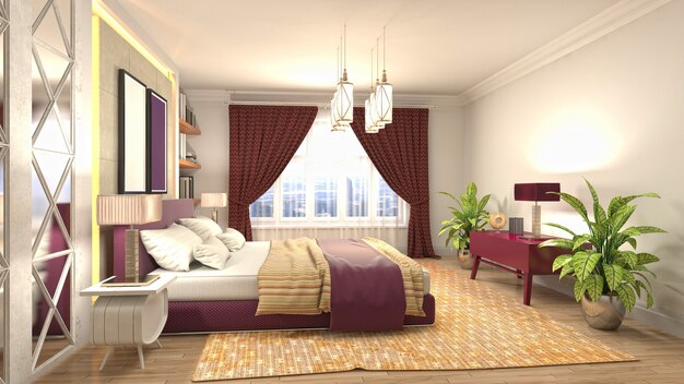 3D rendering illustration of a bedroom interior