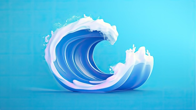 3D rendering illustration of a blue and white wave The wave is crashing against an invisible surface creating a splash of water droplets