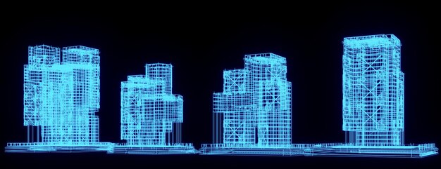 3D rendering illustration Building blueprint glowing neon hologram futuristic show technology