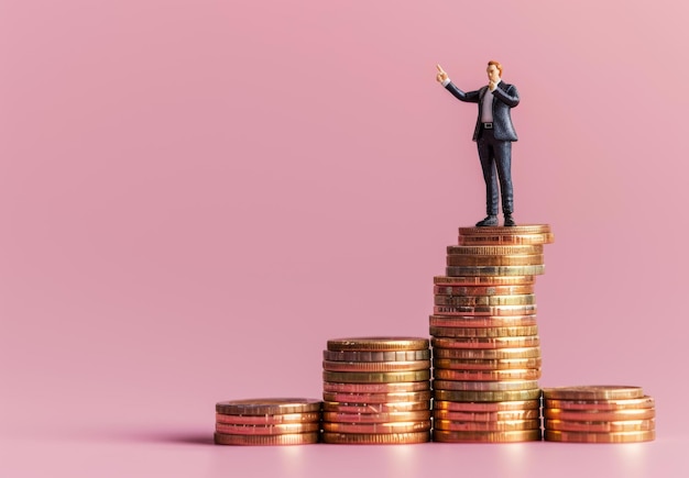 Photo 3d rendering illustration of a businessman squatting next to a golden coin stack