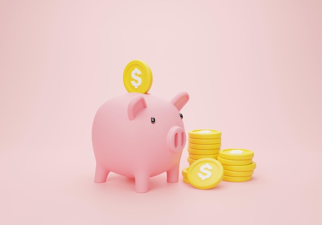 3d rendering illustration Cartoon minimal Piggy with coin money savings concept. coin stacking money