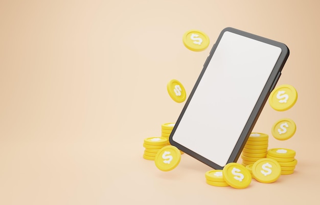 3d rendering illustration Cartoon minimal smartphone Mockup with floating coins dollar concept