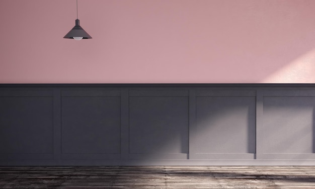 3d rendering illustration of colorful modern interior on sunny morning. Candy pink plaster wall, wooden parquet floor, classic dark gray panel with molding and hanging metal lamp.