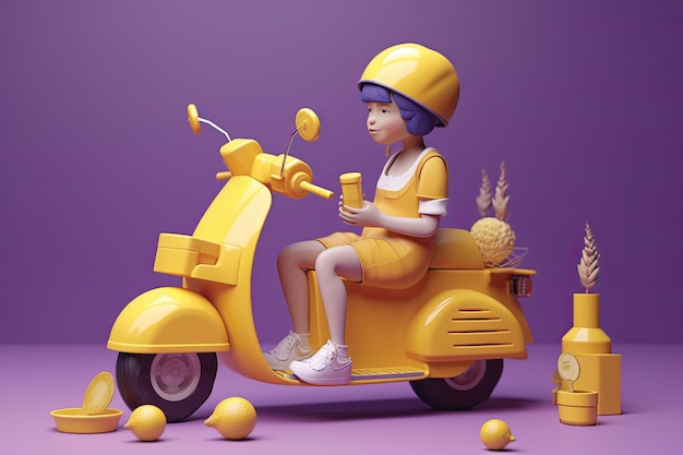 3D rendering Illustration Delivery service a girl on a scooter with purple background and oranges