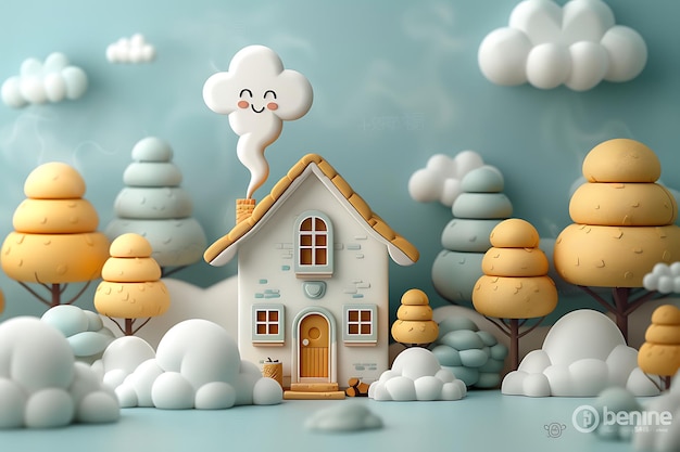 3D rendering illustration depicts a whimsical candy house set amidst the clouds Floating in the sky