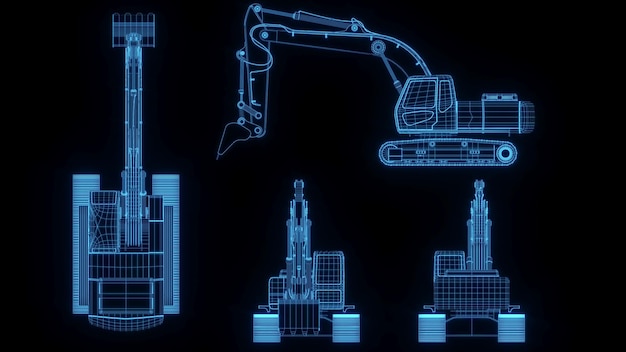 3D rendering illustration excavator blueprint glowing neon hologram futuristic show technology