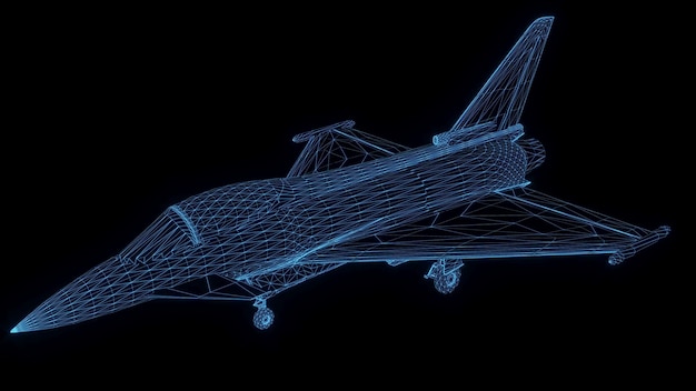 3D rendering illustration fighter plane blueprint glowing neon hologram futuristic