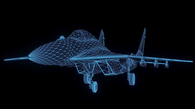 3D rendering illustration fighter plane blueprint glowing neon hologram futuristic