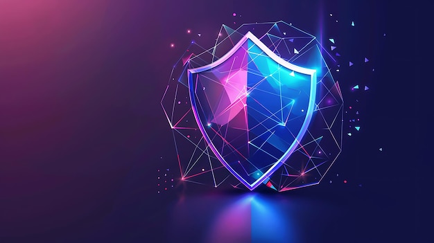 3D rendering illustration of a glowing blue and pink polygonal shield Futuristic cyber security concept