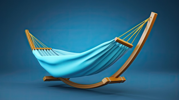 3d rendering illustration of a hammock hammock made of blue cloth and wooden arc hammock floating in the air blue background