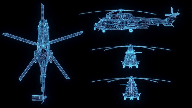 3D rendering illustration Helicopter blueprint glowing neon hologram futuristic