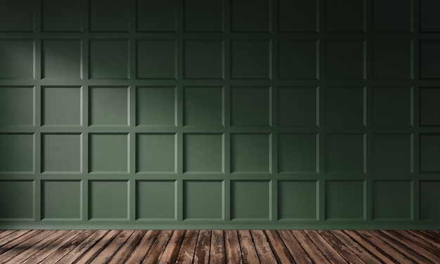 3d rendering illustration of living room with frosted dark green wooden wall panel and hardwood floor.