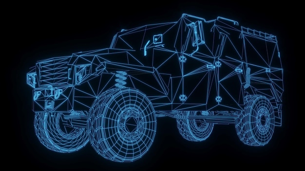 3D rendering illustration military truck blueprint glowing neon hologram futuristic show technology